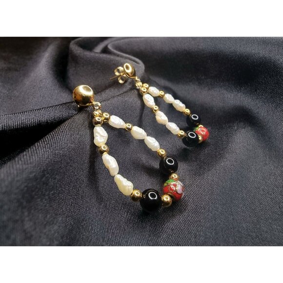 Elegant Gold & Pearl Teardrop Earrings With Black Beads & Red Cloisonné Accents - Picture 4 of 5